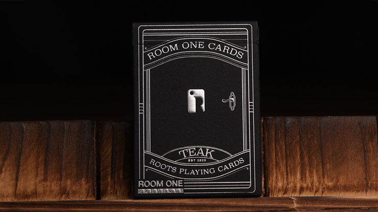 Roots Playing Cards Teak Edition deck box by Room One, a thin-stock deck for practising one-handed cuts