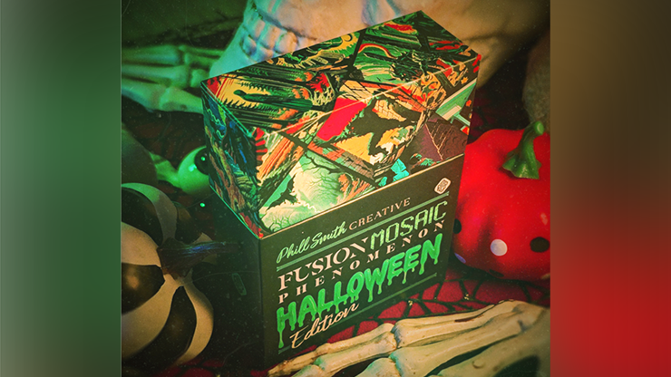 The Halloween Fusion Mosaic Phenomenon card box with retro horror comic art, surrounded by skeleton hands and small pumpkins