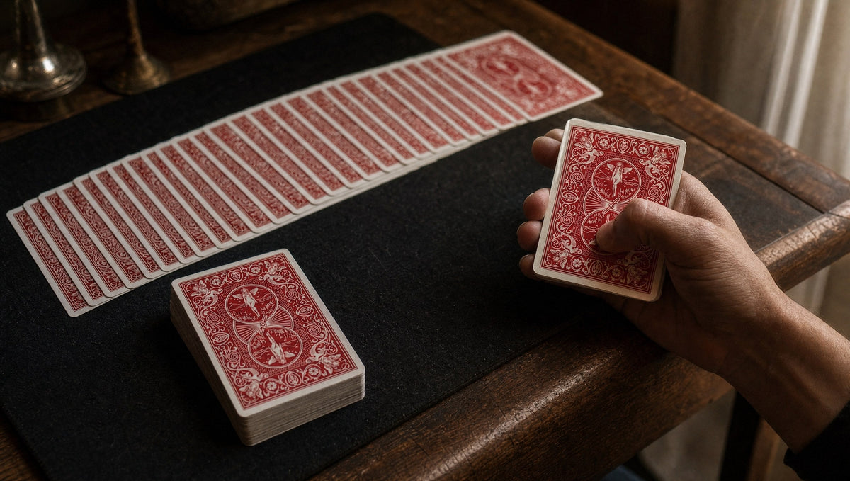 Decks of red-backed playing cards squared, spread and held on a dark wooden table