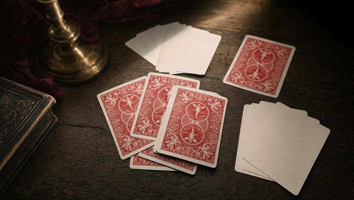 Red-backed cards and blank white cards scattered on a dark wooden table