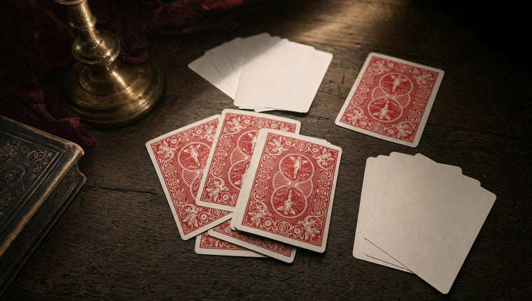 Red-backed cards and blank white cards scattered on a dark wooden table