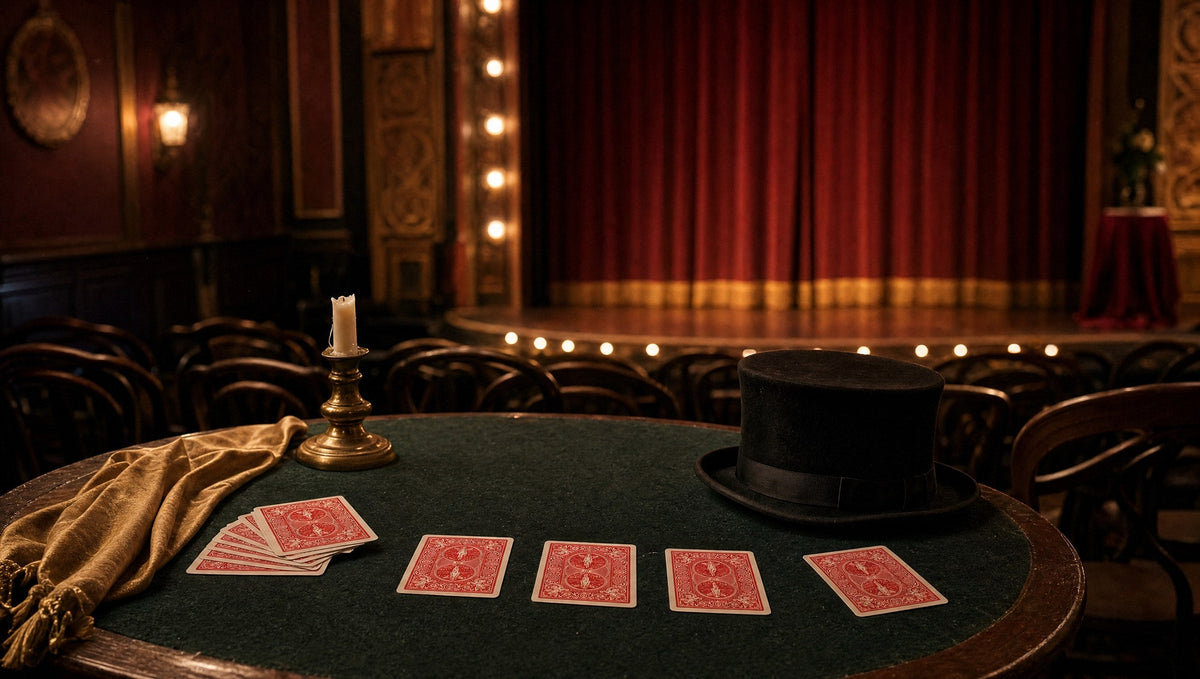 A close-up table with cards in front of rows of chairs and a lit stage with a red curtain