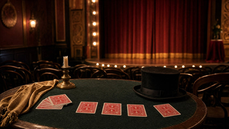 A close-up table with cards in front of rows of chairs and a lit stage with a red curtain