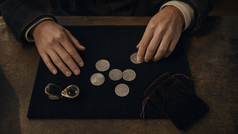 Hands arranging silver coins on a black mat beside a jeweller’s loupe and a velvet pouch