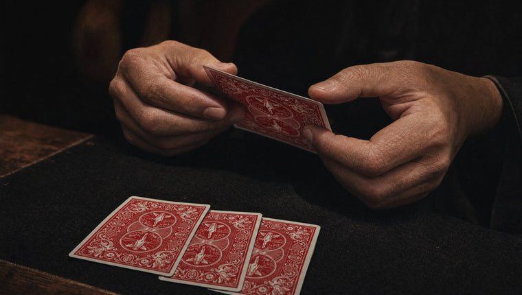 Two hands turning a red-backed card over above three face-down cards