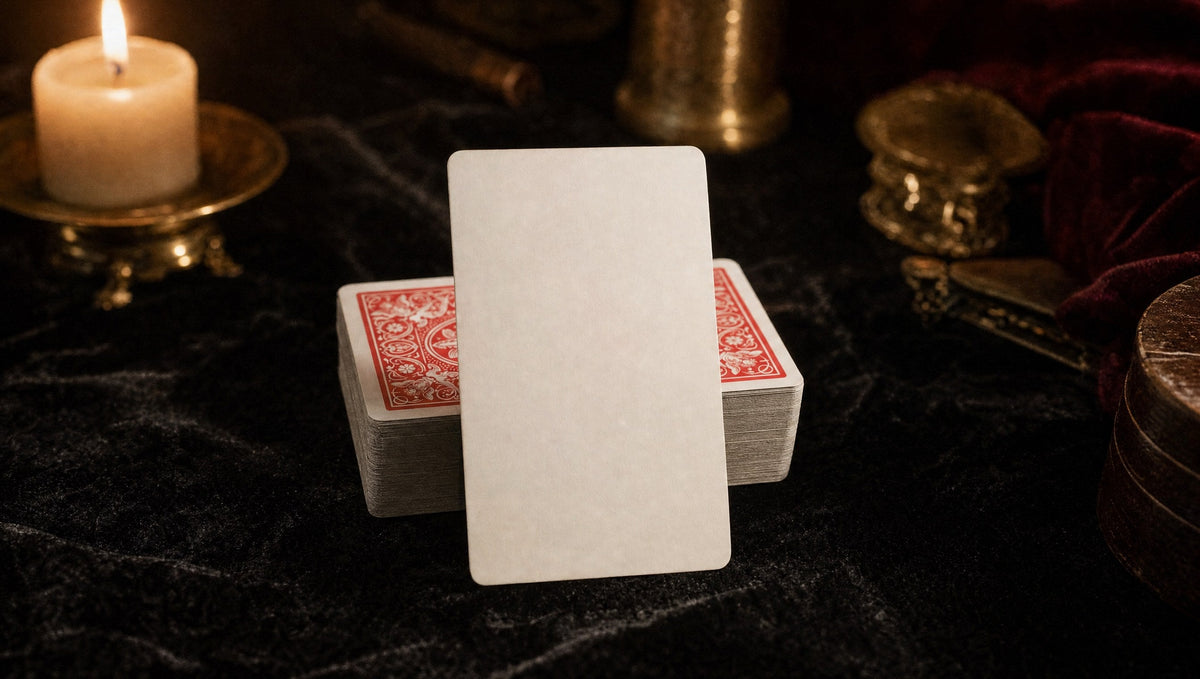 A pure white blank card standing against a red-backed deck on black velvet by candlelight