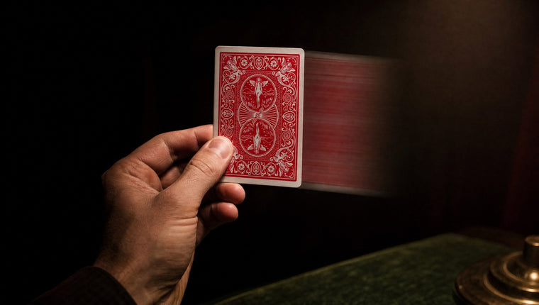 A hand holding up a single red-backed playing card with a blur of motion beside it