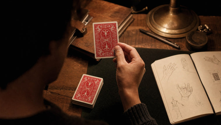 Someone practising at a desk, holding up a single face-down card beside a deck and a practice notebook