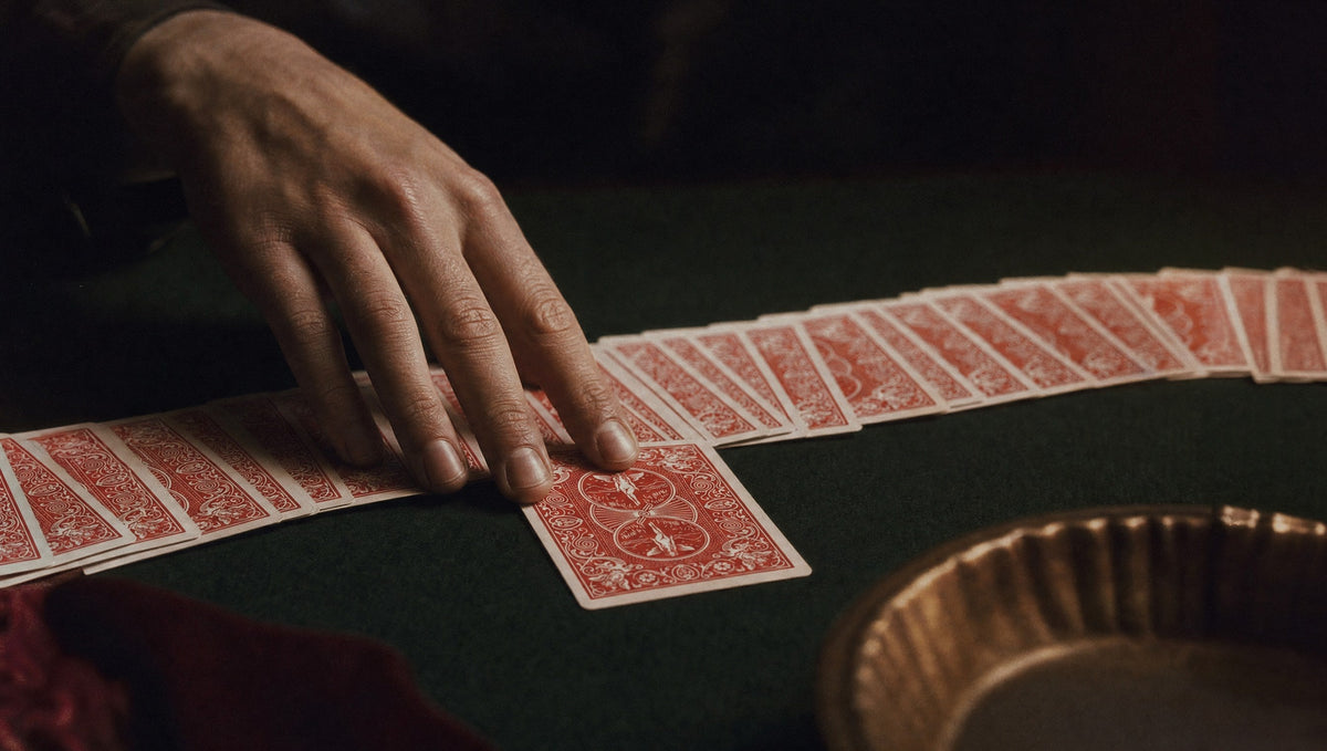A hand pushing one red-backed card out of a ribbon spread on green felt