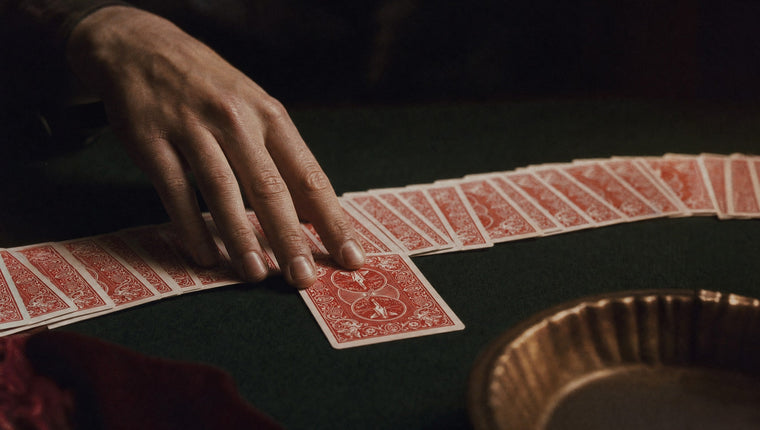 A hand pushing one red-backed card out of a ribbon spread on green felt