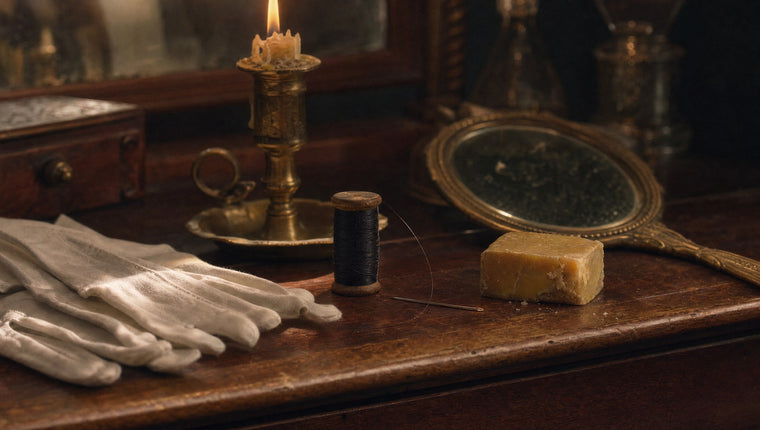A Victorian dressing table by candlelight with a spool of black thread, a needle, beeswax and white gloves