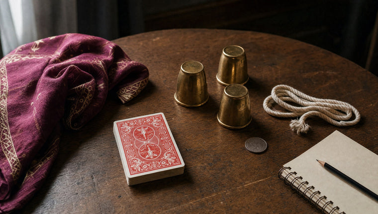 Magic props laid out to compare: a deck of cards, brass cups, rope, a coin, a silk and a notepad