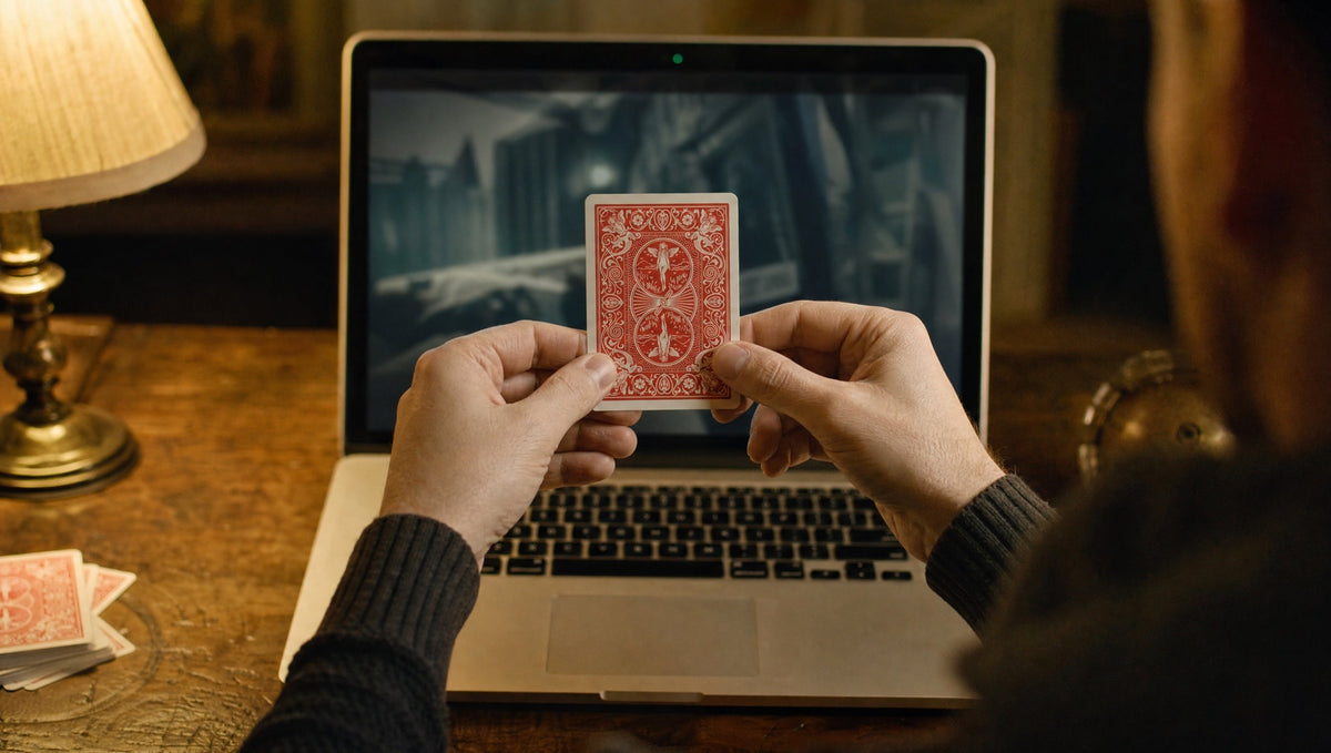Hands holding a red-backed playing card up to a laptop webcam in warm lamplight