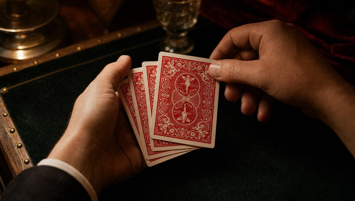 Hands holding a packet of four face-down red-backed cards, taking the top card