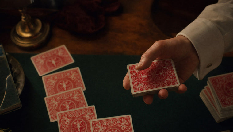 A hand holding a face-down deck in dealing grip over a green close-up mat, cards dealt beside it