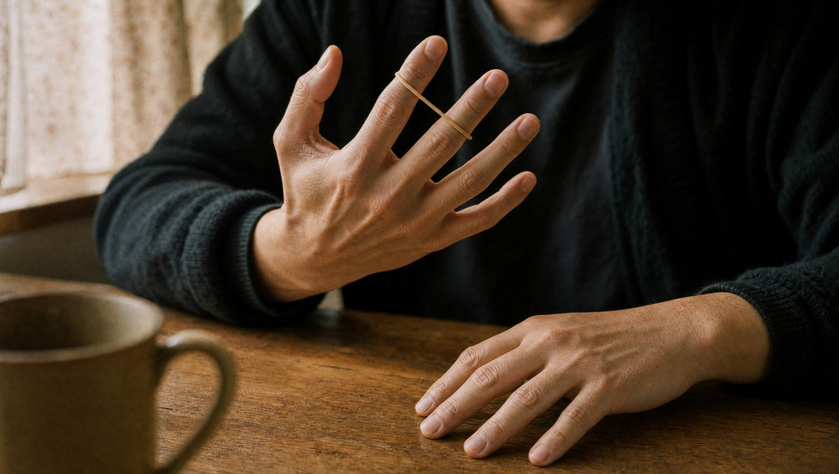 A hand with a rubber band looped around two fingers at a sunlit kitchen table