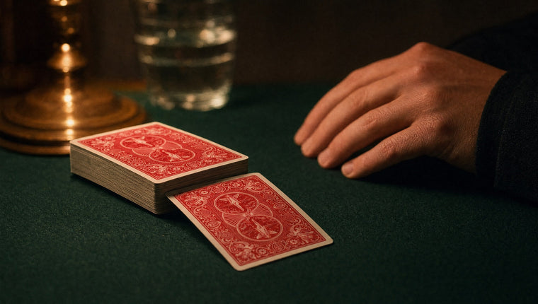 A face-down card beside a squared deck on green baize, a hand resting nearby