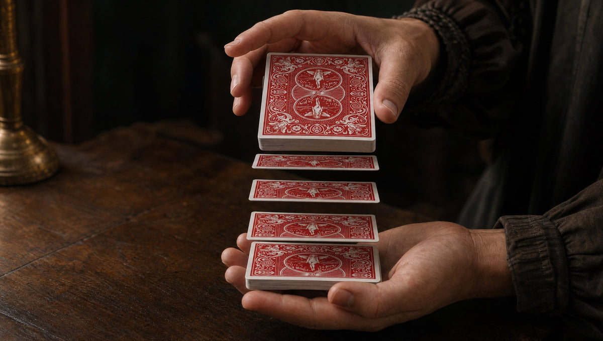 One hand holding a red-backed deck from above while cards drop flat into the open palm below