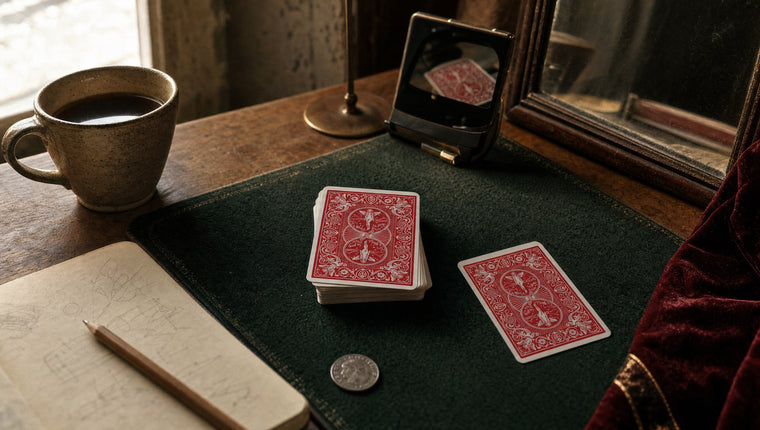 A practice desk with a deck, a coin, a notebook, a coffee cup and a phone facing a mirror