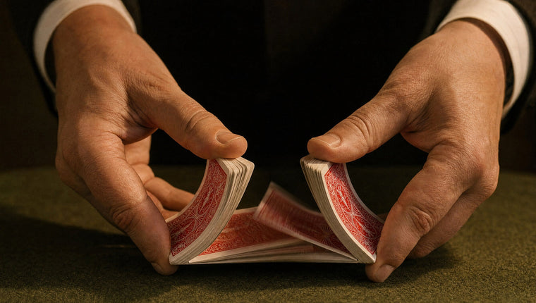 Two hands riffle shuffling a red-backed deck on green felt
