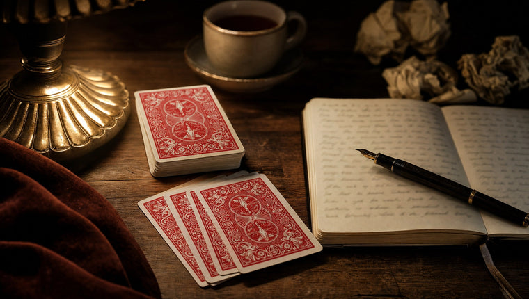 An open handwritten notebook, a fountain pen and red-backed playing cards on a desk at night