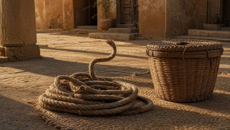 A coil of hemp rope on a woven mat beside a lidded wicker basket in a sunlit stone courtyard