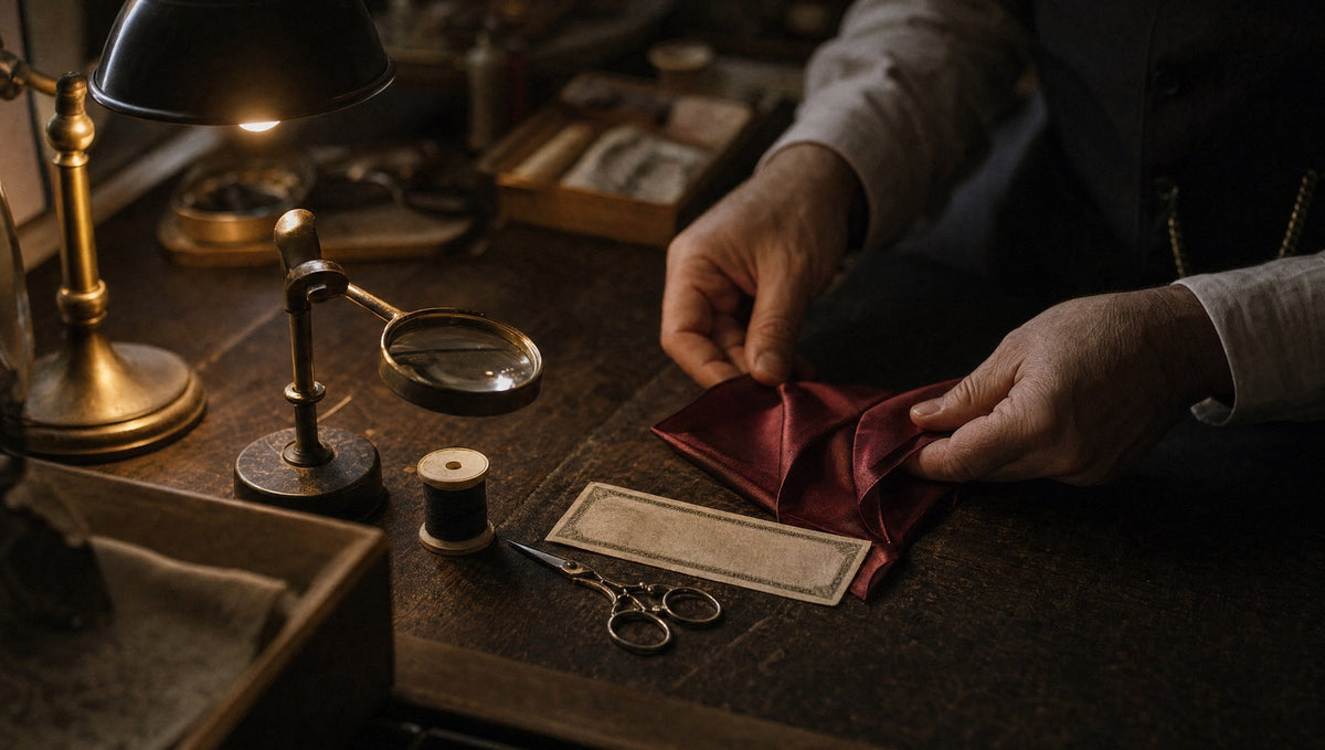 Hands folding a red silk on a lamp-lit workbench beside a spool of thread, scissors and a magnifier