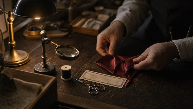 Hands folding a red silk on a lamp-lit workbench beside a spool of thread, scissors and a magnifier