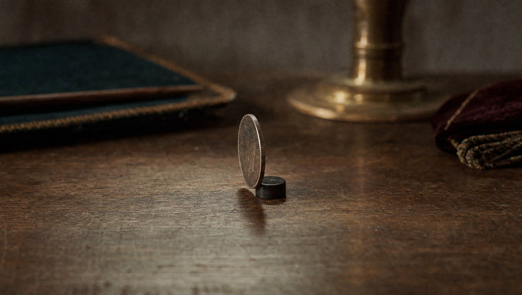 A silver coin standing on its edge against a small black magnet on a wooden table