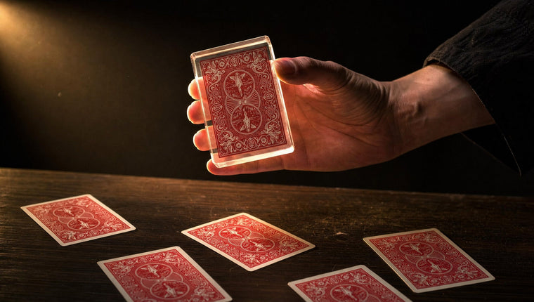 A hand holding up a clear block shaped like a deck of cards above scattered red-backed cards