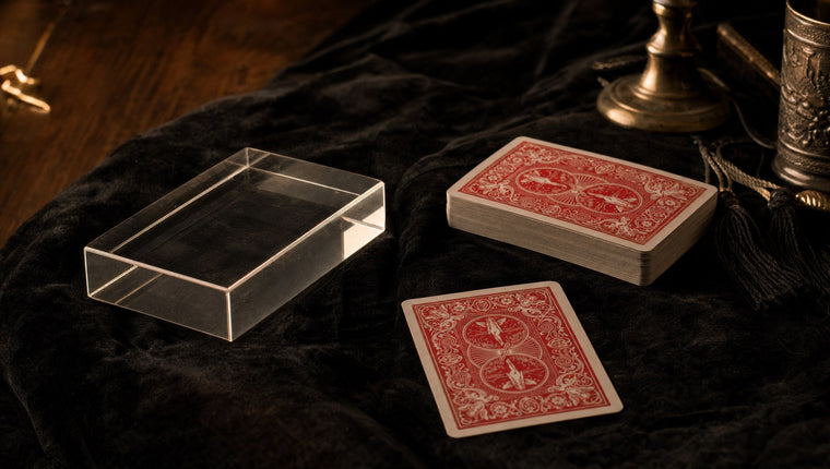 A solid clear acrylic block the size of a deck beside a face-down deck of playing cards