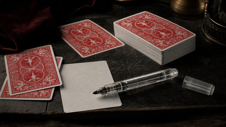 A clear transparent marker and its cap beside a white card and red-backed playing cards