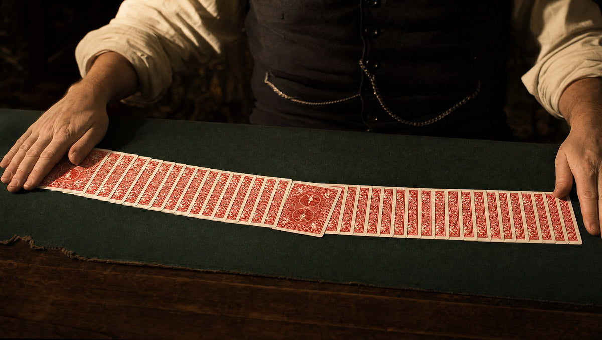 Hands beside a long ribbon spread of red-backed cards on green felt, one card turned the other way