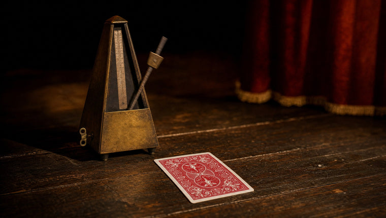 A brass metronome beside a single red-backed card on a dark stage floor