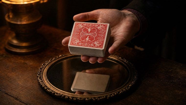 A hand holding a red-backed deck above an antique mirror that reflects its underside