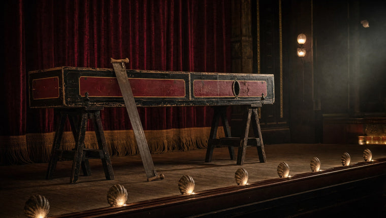 An empty vaudeville stage with a long painted illusion box on trestles and an antique crosscut saw