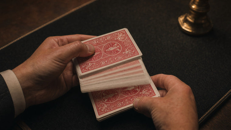 Hands riffling the corner of a red-backed deck over a dark close-up mat