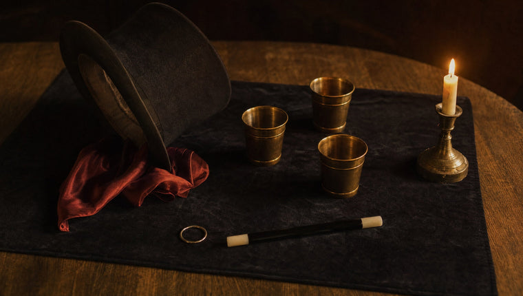 A magician’s worktable with a top hat, red silk, brass cups, a ring, a wand and a lit candle on dark velvet