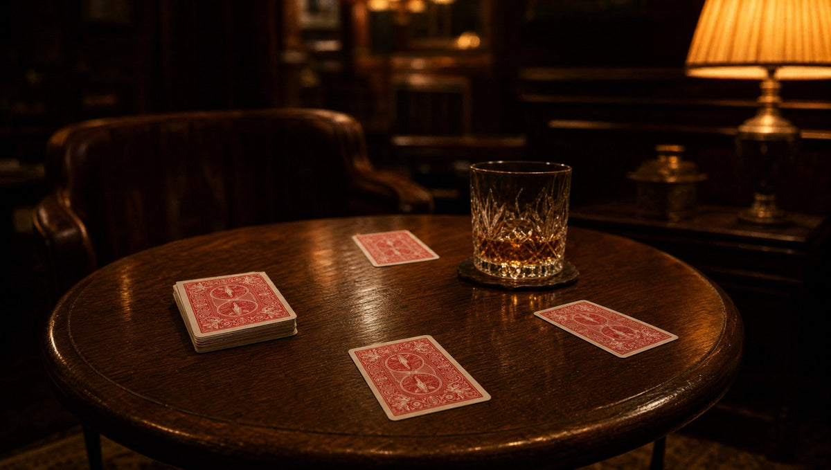 A deck of cards and a glass on a round wooden table in a dim club library