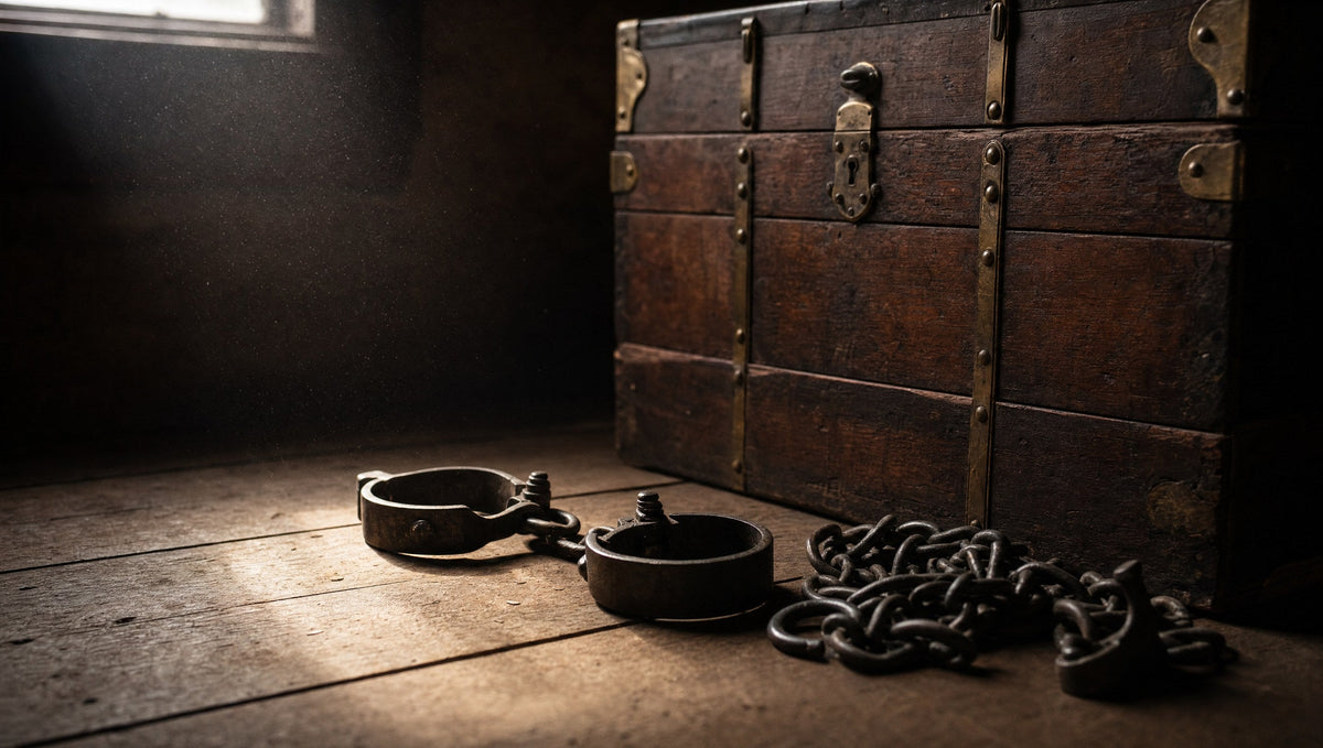 Antique iron handcuffs and chain beside an old steamer trunk in a shaft of dusty light
