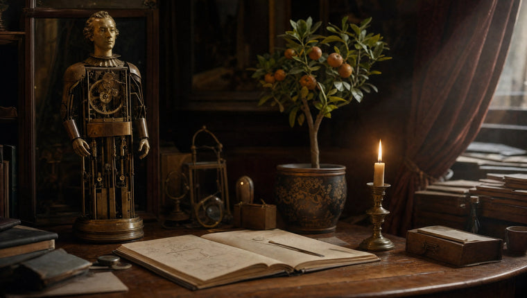 A nineteenth-century magician’s study with a clockwork automaton, an orange tree and a candlelit desk