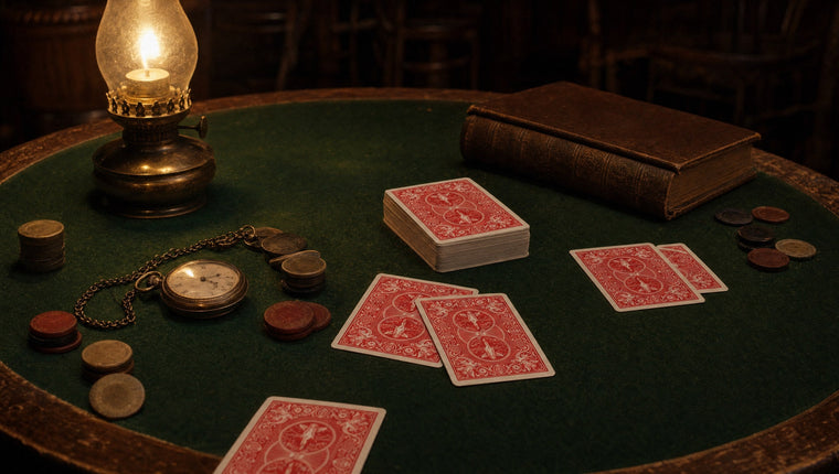 A green baize card table around 1900 with an oil lamp, a pocket watch, poker chips, cards and an old book